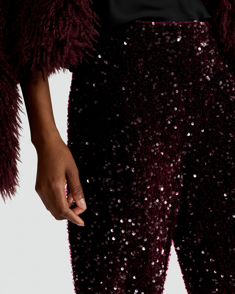 image 1 of F&F Velvet Sequin Flared Trousers in Burgundy