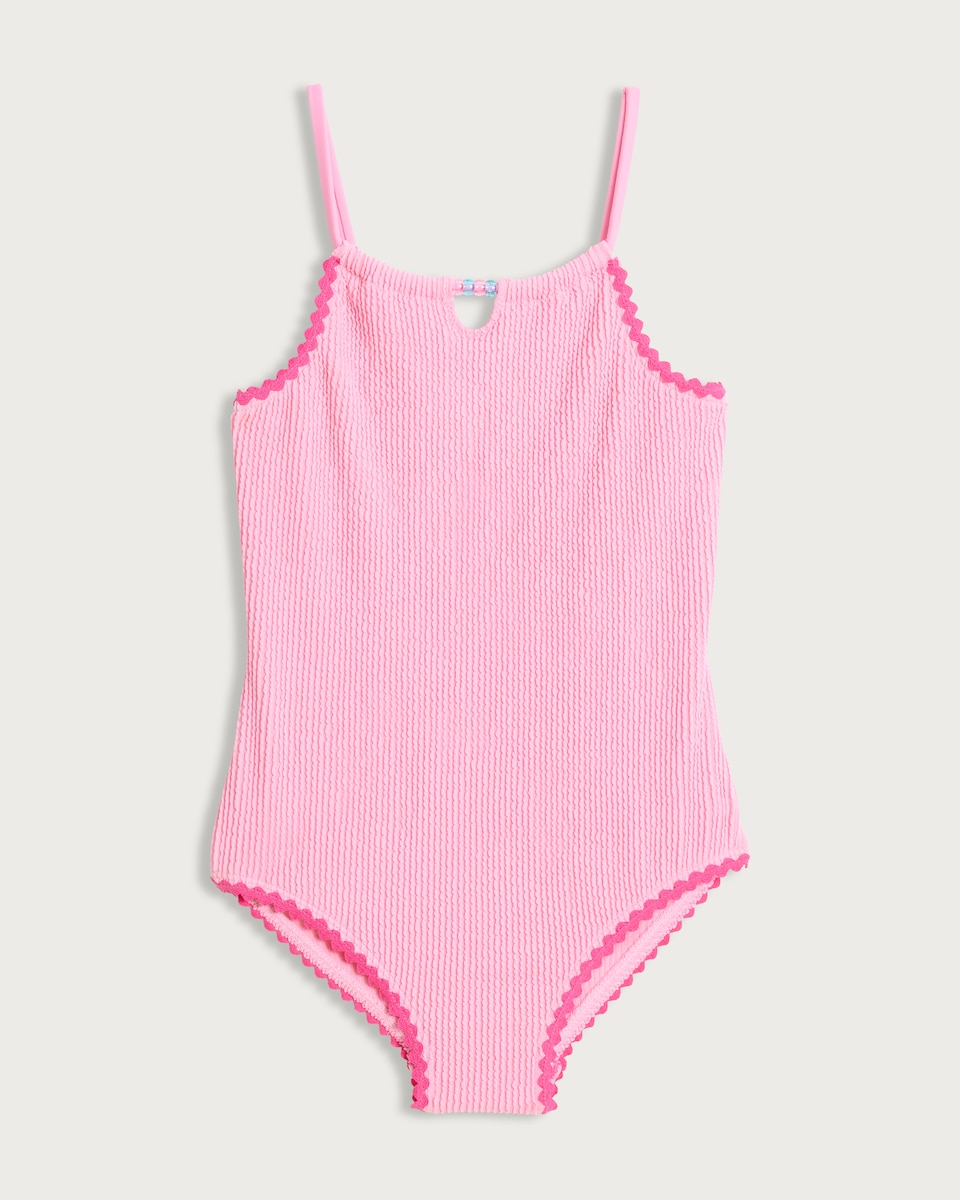 image 1 of F&F Girls Textured Bead Detail Swimsuit in Pink