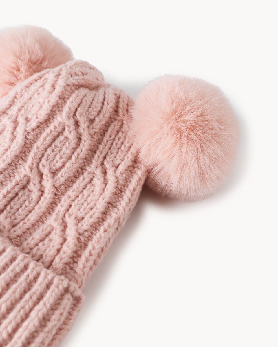 image 1 of F&F Girls Cable Knit Pom Pom Beanie Hat in Pink
