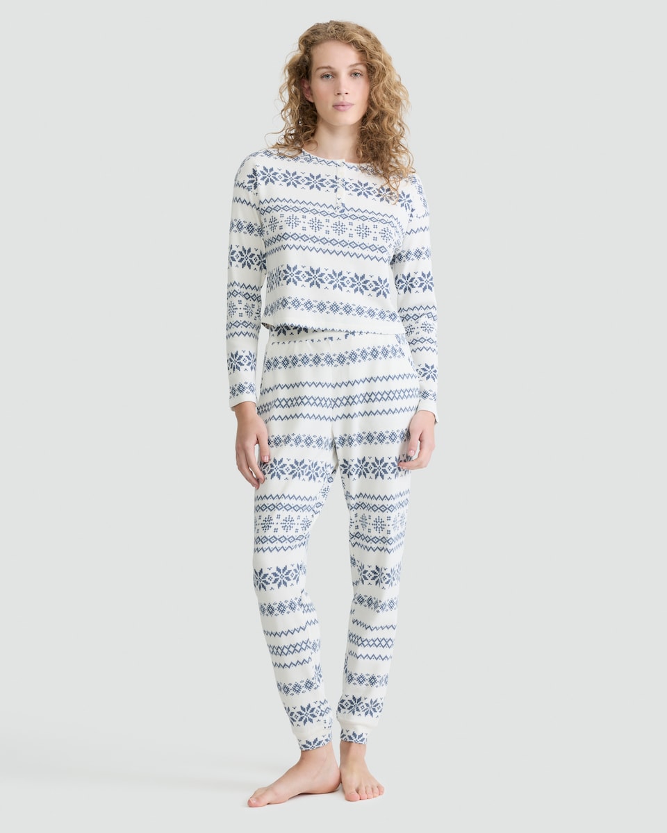 image 1 of F&F Fair Isle Print Top and Joggers Pyjamas in Cream