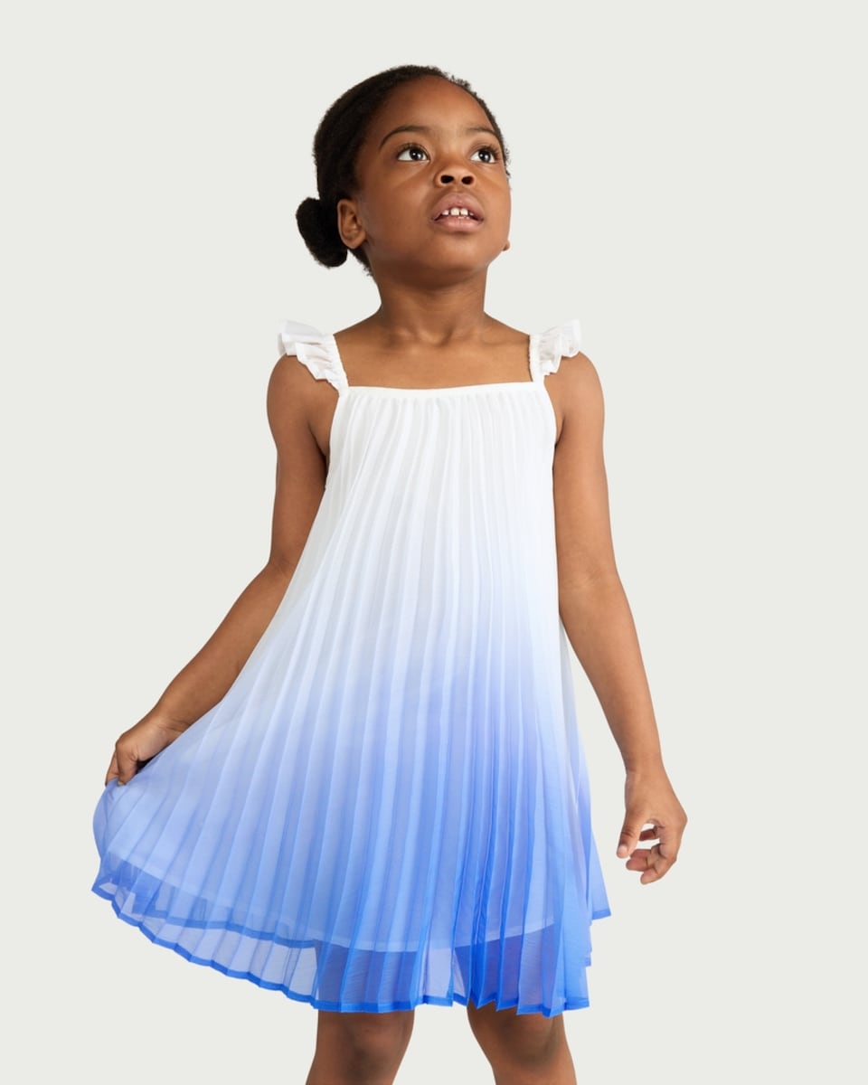 image 1 of F&F Girls Pleated Ombre Ruffle Strap Dress in Blue