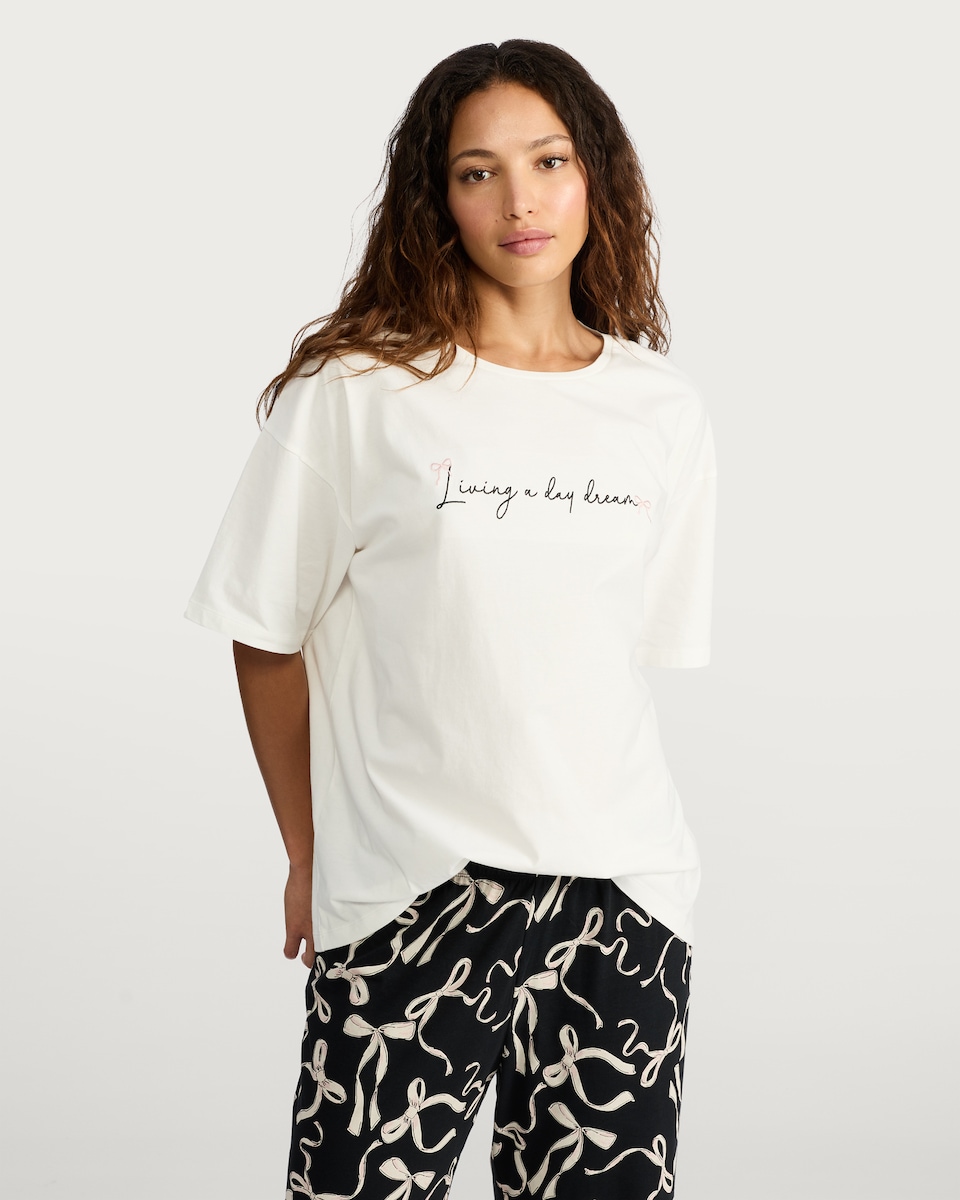 image 1 of F&F Pure Cotton Living a Day Dream Pyjama T-Shirt in White