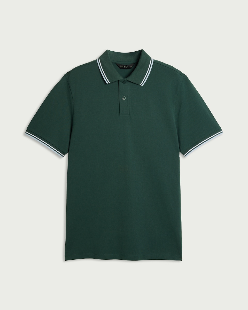 image 1 of F&F Cotton Rich Tipped Short Sleeved Polo Shirt in Green