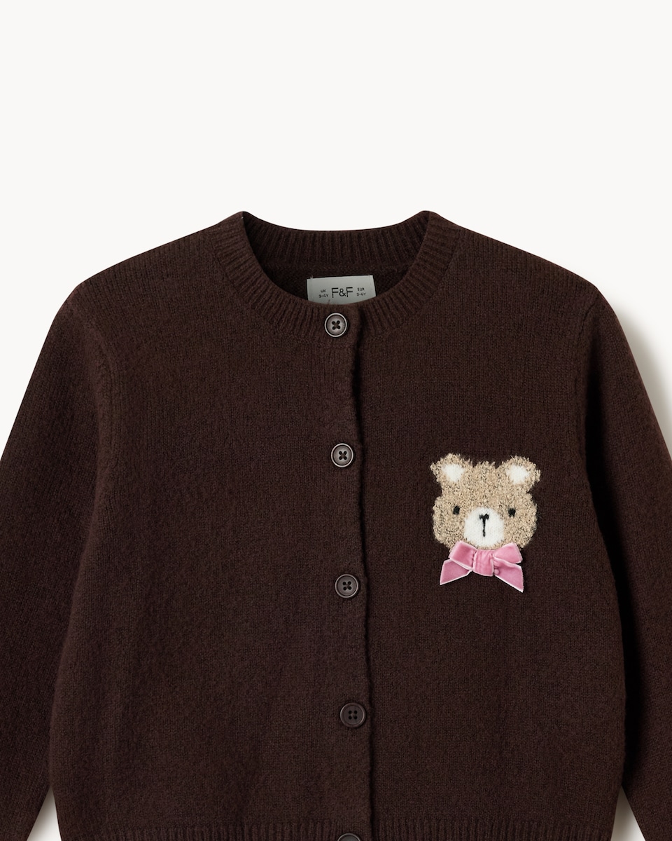 image 1 of F&F Girls Bear Cardigan in Brown