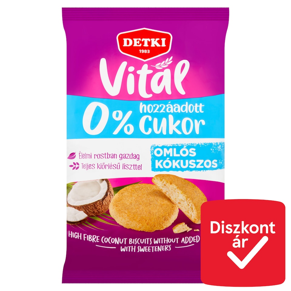 Detki Vitál kókuszos omlós keksz, cukor hozzáadása nélkül, édesítőszerekkel 180 g  1. kép