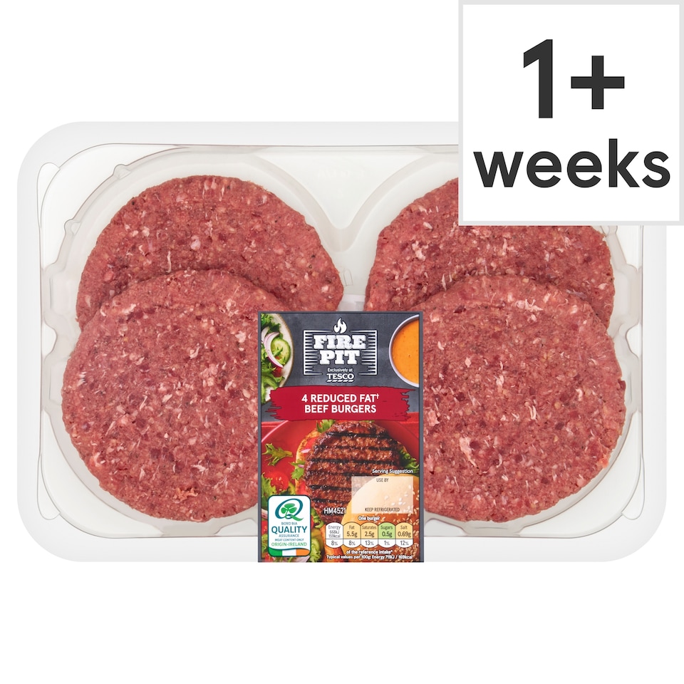 Tesco Fire Pit 4 Reduced Fat Beef Burgers 454G