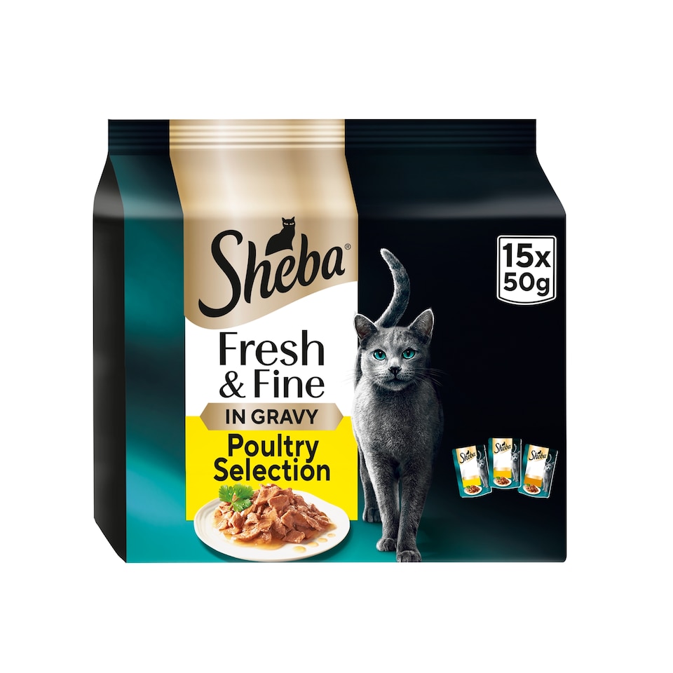 image 1 of Sheba Fresh & Fine Wet Cat Food Pouches Poultry in Gravy 15x50g