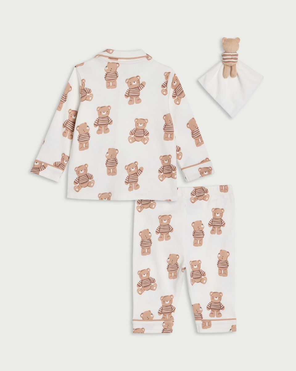 image 1 of F&F Baby 3-Piece Pure Cotton Teddy Pyjama Set in White