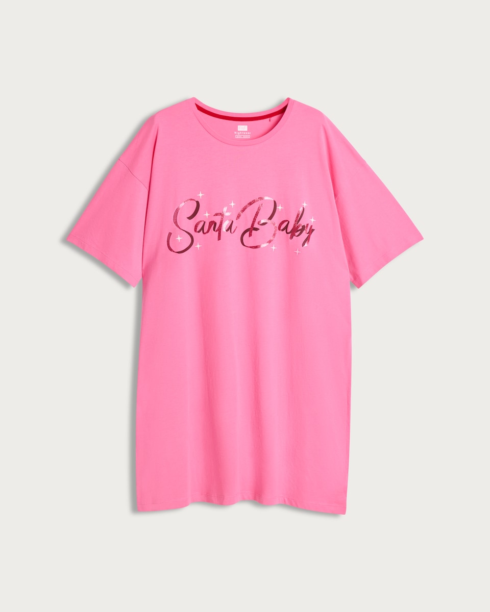 image 1 of F&F Pure Cotton Santa Baby Foil Slogan Nightdress in Pink