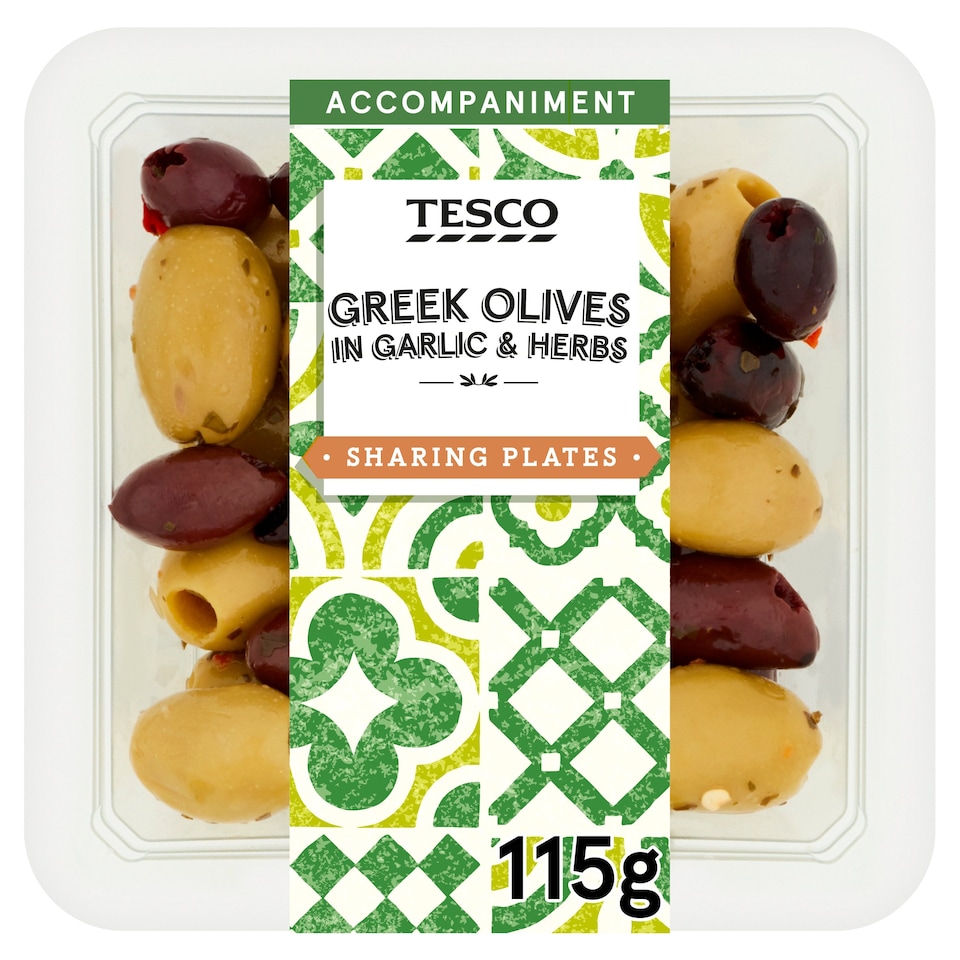 Tesco Greek Olives In Garlic & Herbs 115G Tesco Groceries