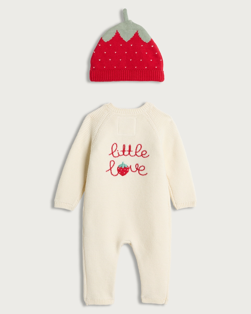 image 1 of F&F Baby 2-Piece Pure Cotton Knitted Strawberry Romper and Hat Set in White