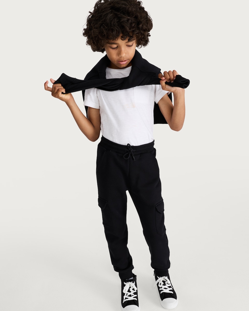 image 1 of F&F Boys Cotton Rich Cuffed Drawstring Cargo Joggers in Black