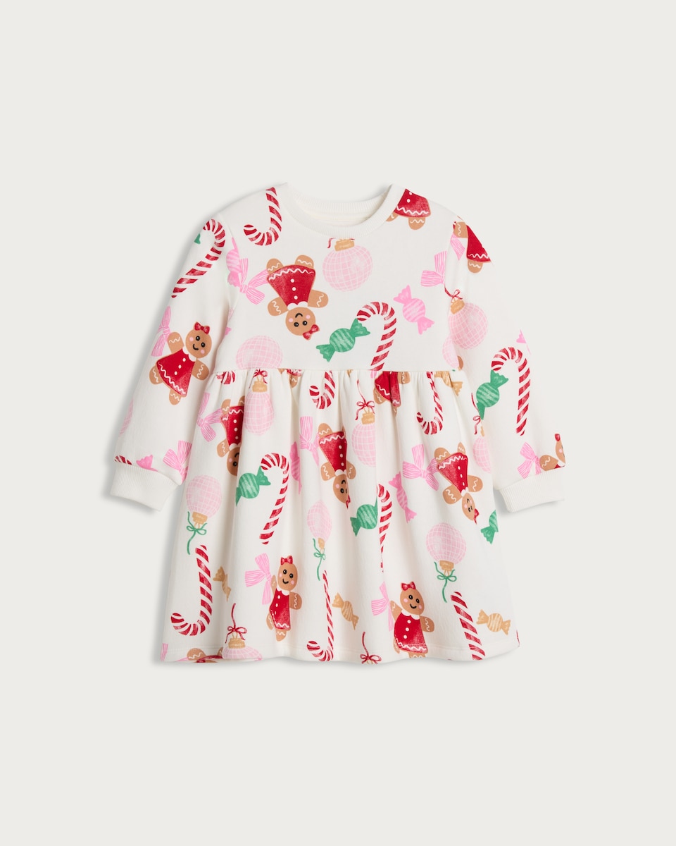 F&F Girls Cotton Rich Gingerbread and Candy Print Sweat Dress in Cream