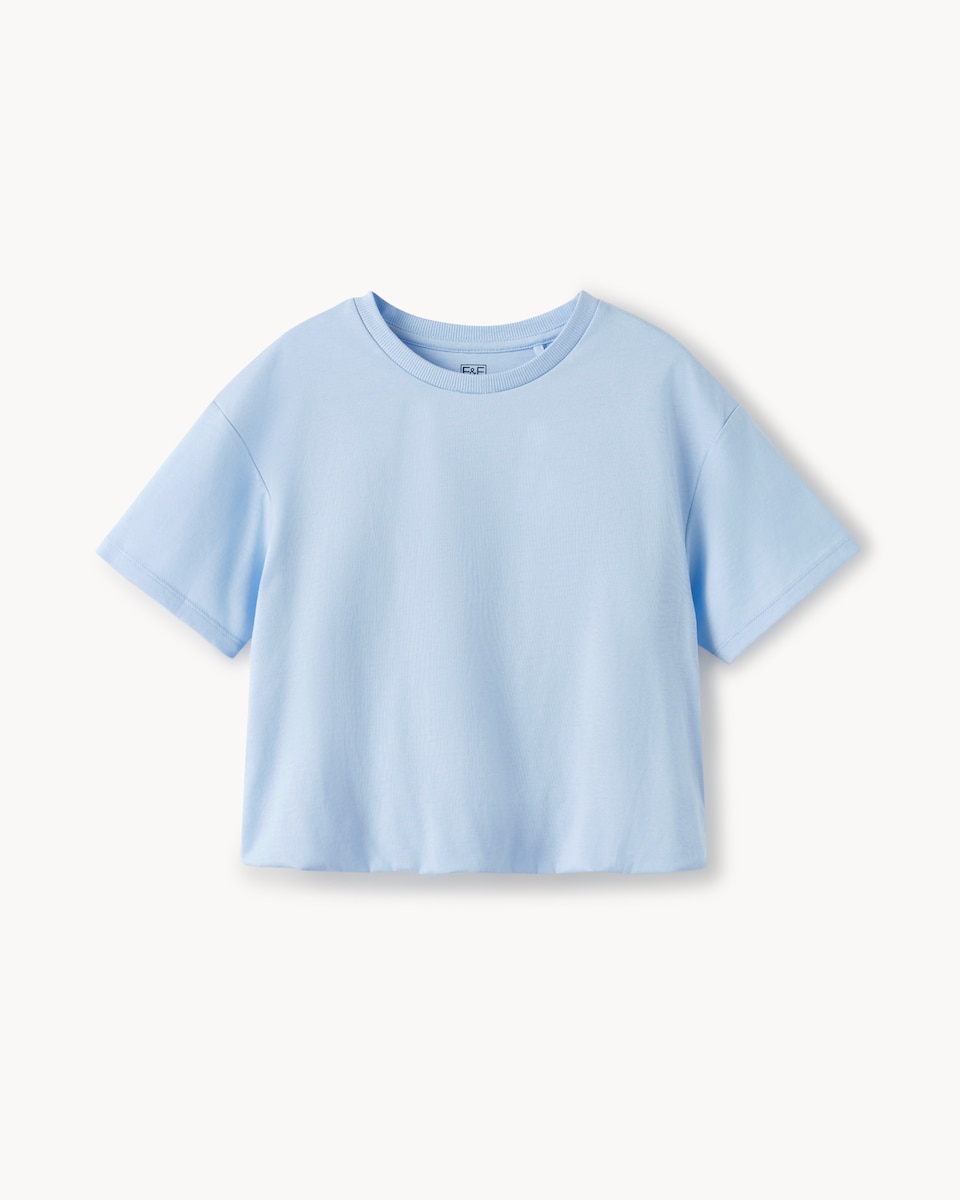 image 1 of F&F Girls Pure Cotton Bubble Hem T-Shirt in Blue