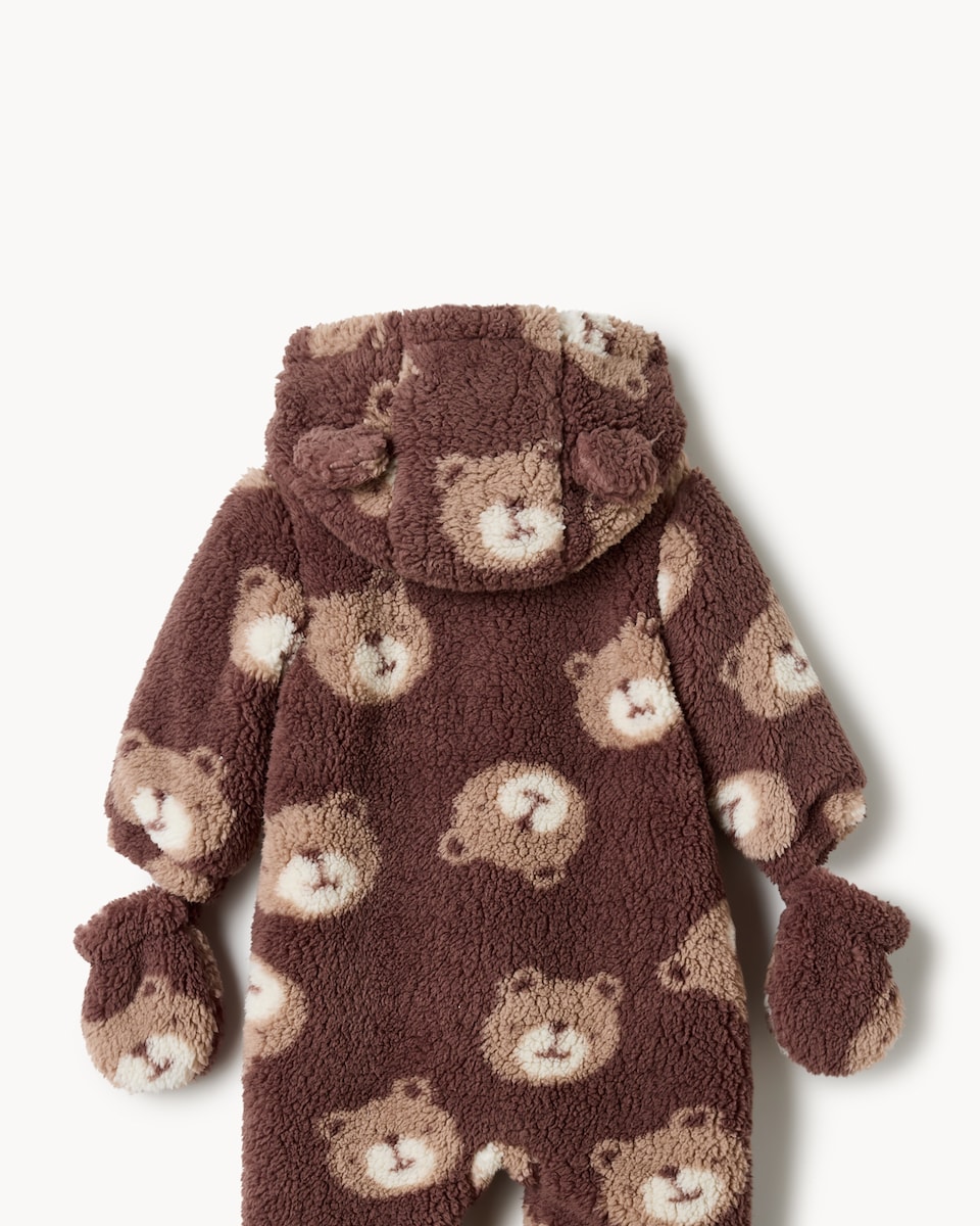 image 1 of F&F Baby Fleece Bear Print Pramsuit in Brown
