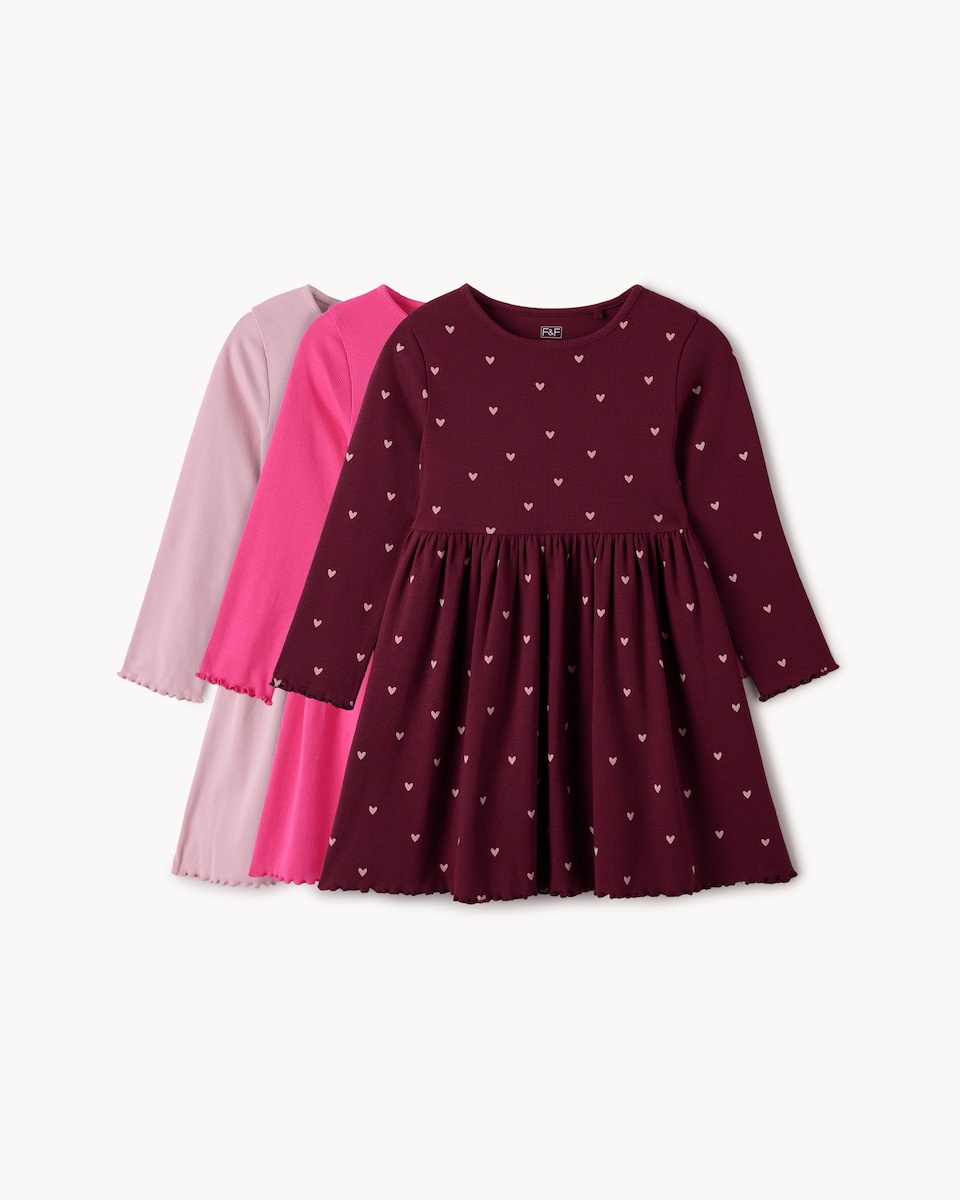 image 1 of F&F Girls 3-Pack Cotton Rich Ribbed Dresses in Burgundy