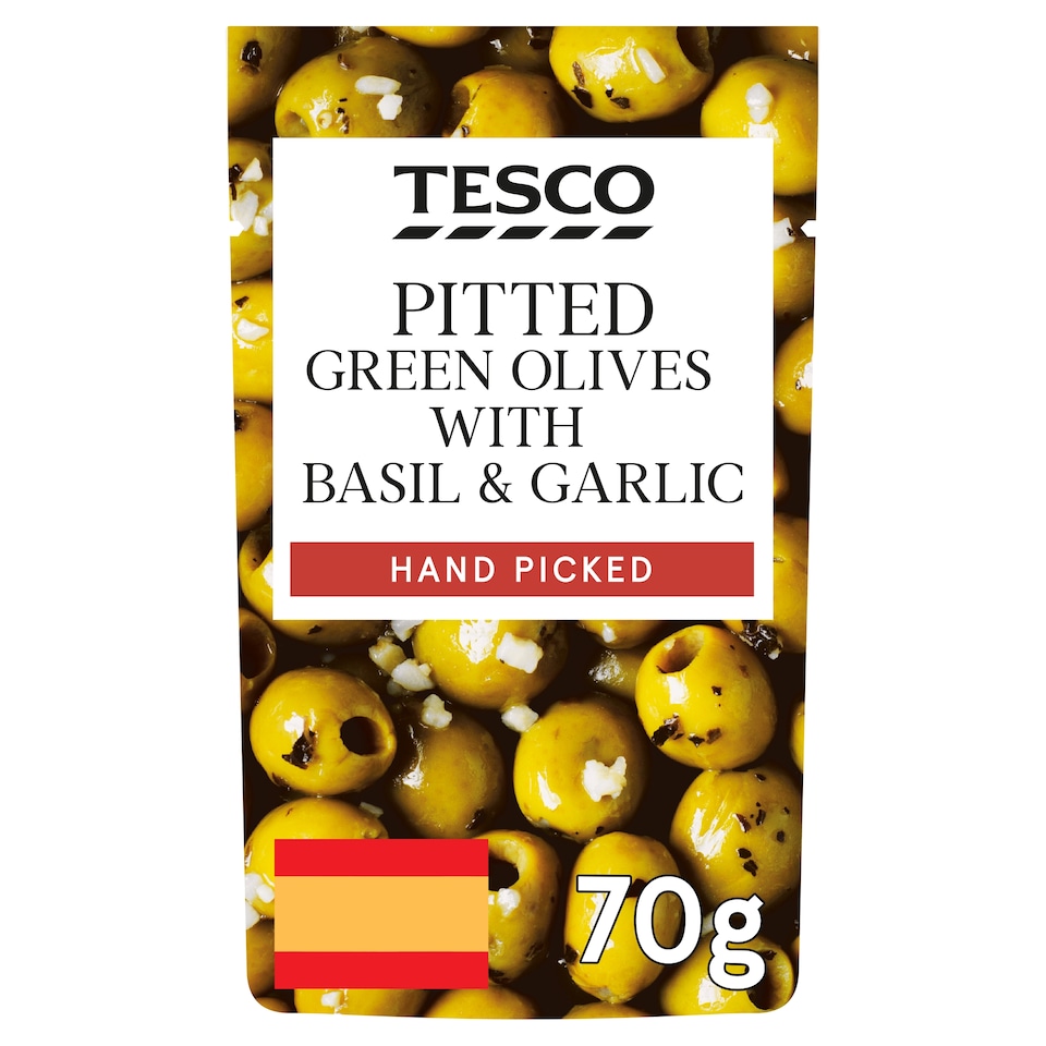 Tesco Pitted Green Olives Basil&Garlic 70G