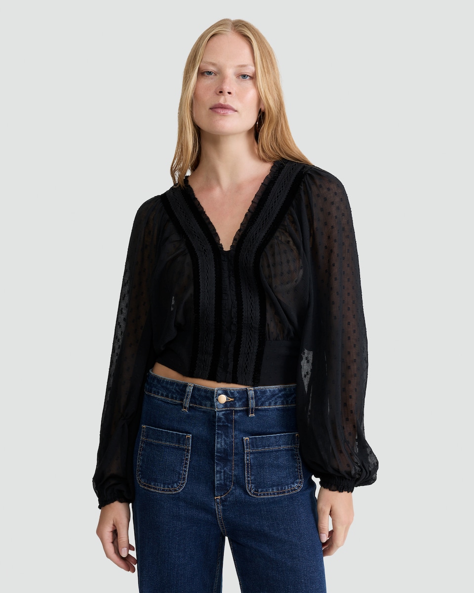image 1 of F&F Chiffon Dobby Velvet V Neck Blouse in Black