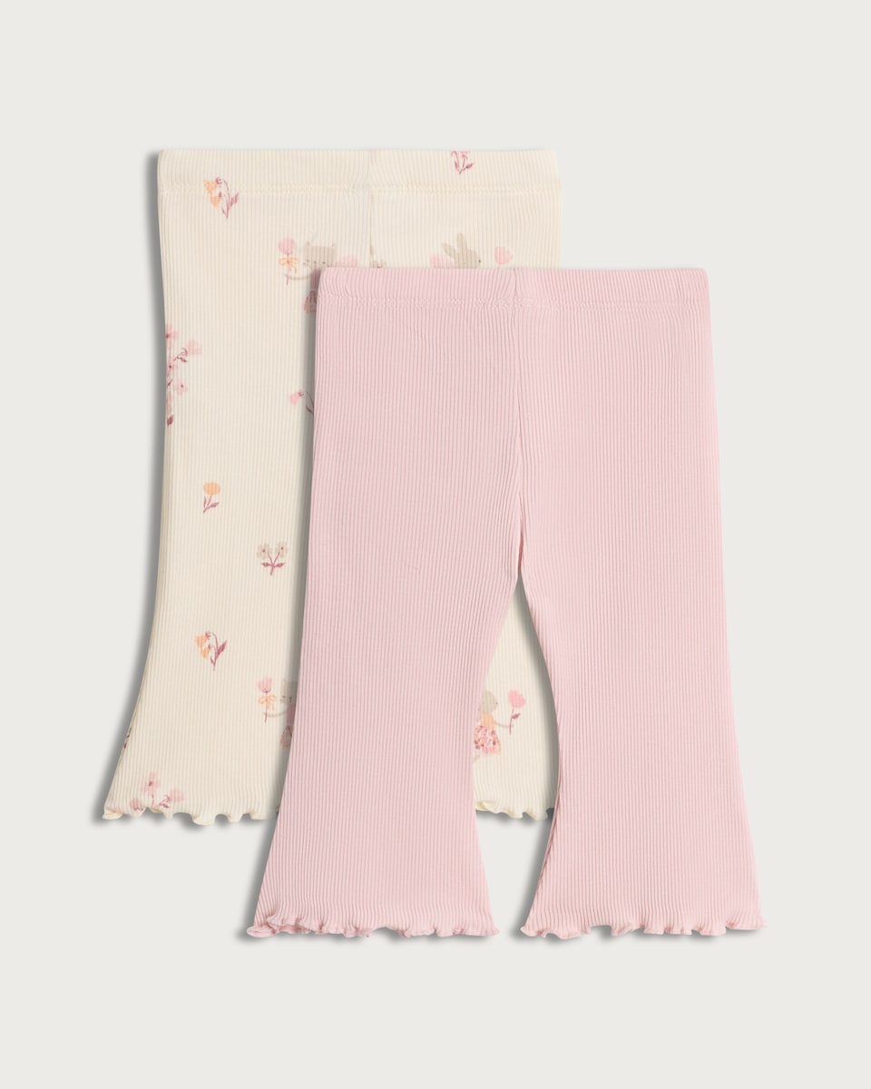 image 1 of F&F Baby 2-Pack Cotton Rich Ribbed Flared Leggings in Pink
