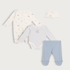 F&F Baby 4-Piece Pure Cotton Animal Print Sleepsuit, Bodysuit, Legging and Hat Set in Blue