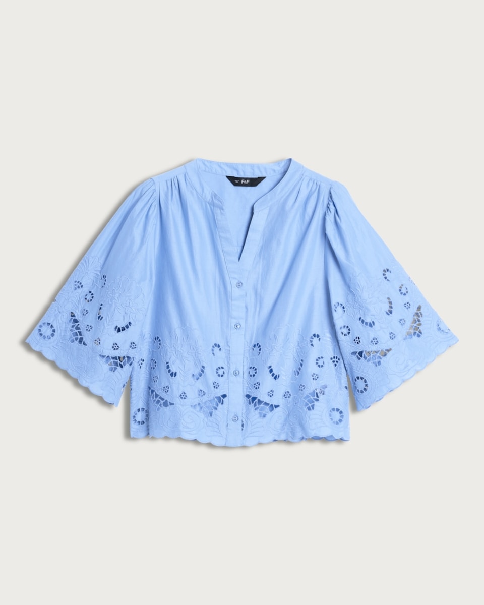 image 1 of F&F Pure Cotton Broderie Cut Out Co-ord Blouse in Blue