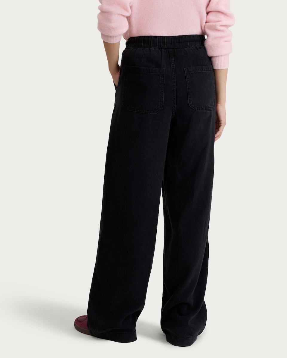 image 1 of F&F Pure Lyocell High Rise Wide Leg Drawstring Jeans in Black