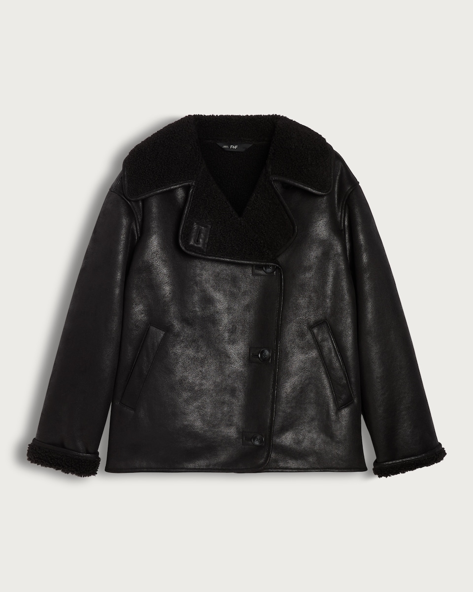 F&F Faux Shearling Lined Aviator Jacket in Black