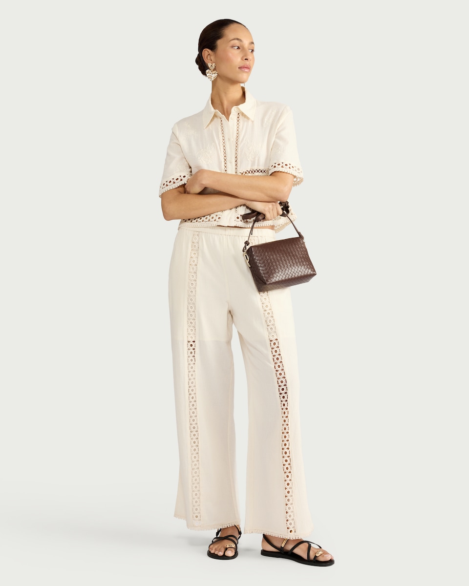 image 1 of The F&F Edit Pure Cotton Lace Insert Wide Leg Trousers in Cream