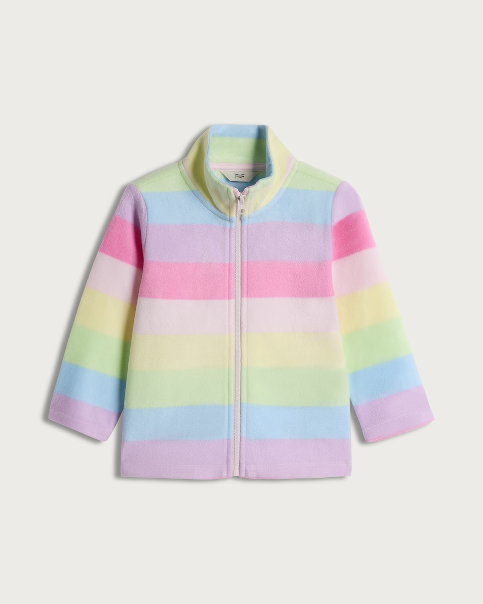 image 1 of F&F Girls Fleece Rainbow Stripe Print Zip Up Jacket in Multi