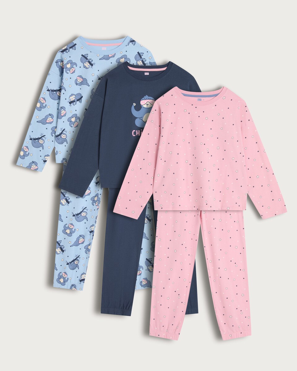 F&F Girls 3-Pack Pure Cotton Printed Pyjama Set in Multi