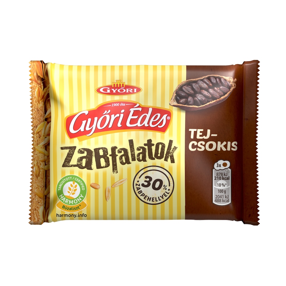 Győri Édes Zabfalatok tejcsokoládéval talpán mártott, zabpelyhes, omlós keksz 43 g