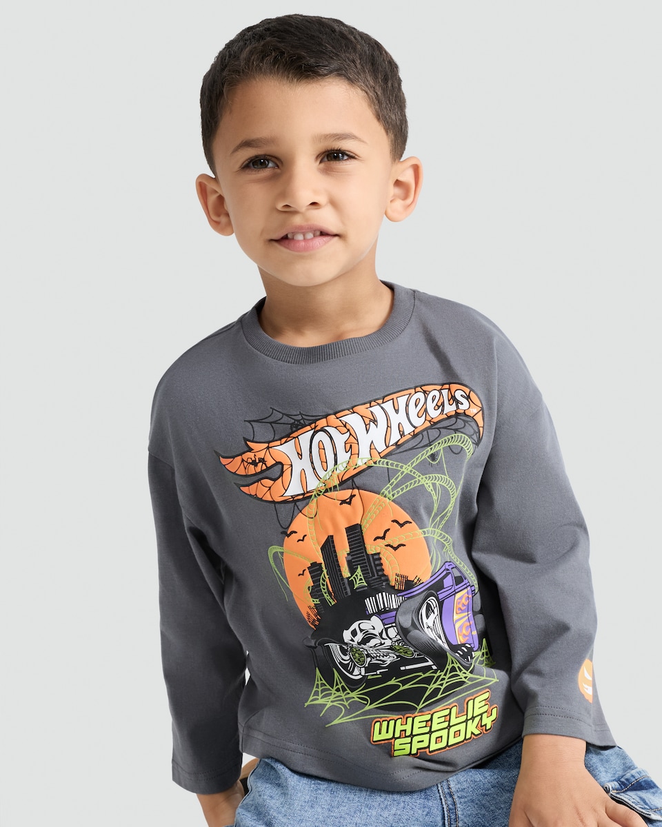 image 1 of Hot Wheels Wheelie Spooky Slogan Pure Cotton Top in Grey