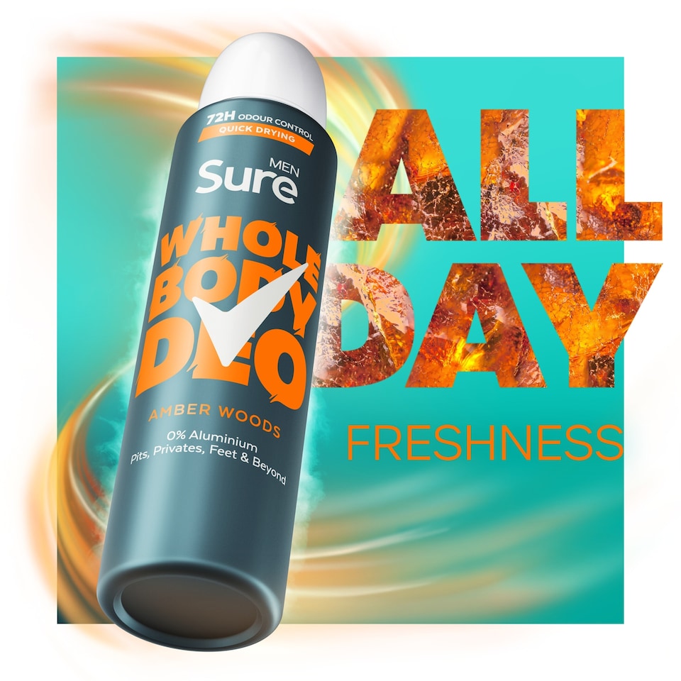 image 1 of Sure Men Amber Woods 72h Whole Body Deodorant Odour Control Spray 150ml