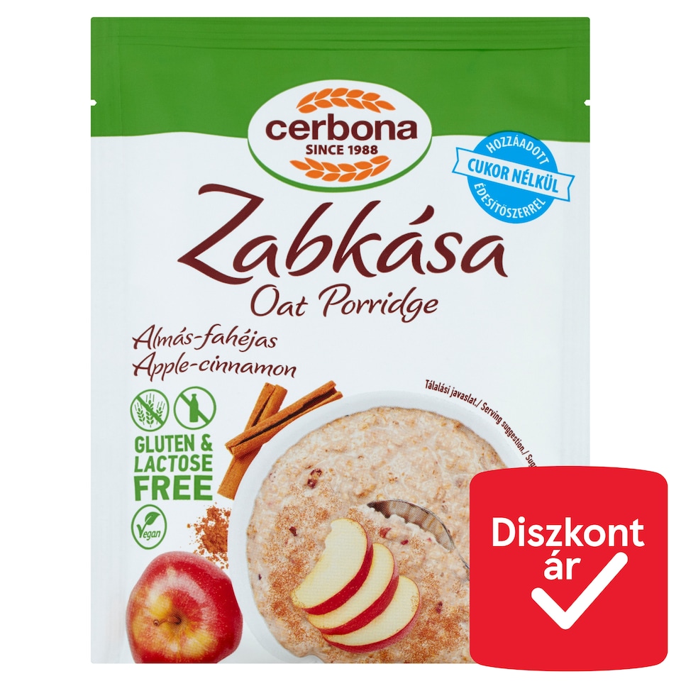 Cerbona gluténmentes, laktózmentes almás-fahéjas zabkása cukor hozzáadása nélkül édesítőszerrel 50 g