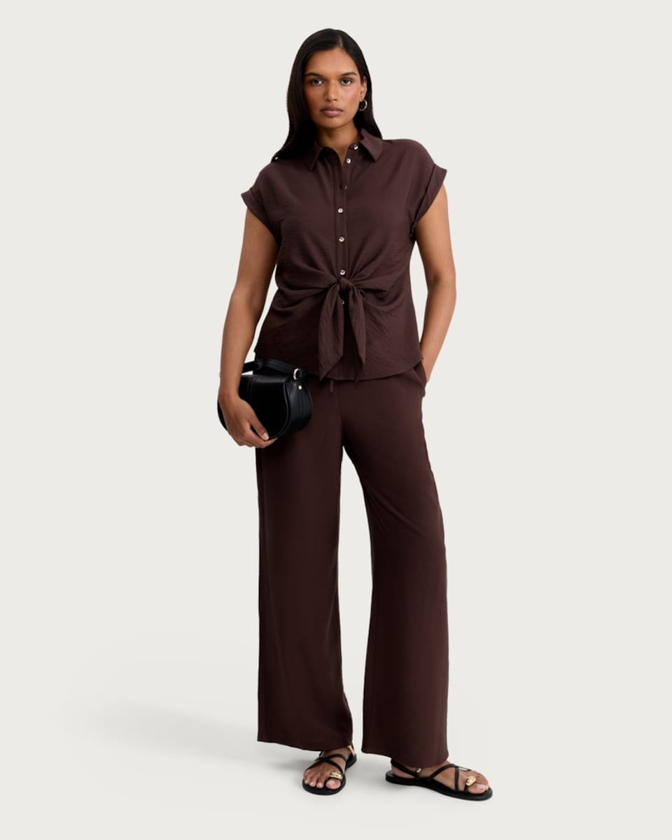 image 1 of F&F Wide Leg Drawstring Co-ord Trousers in Brown