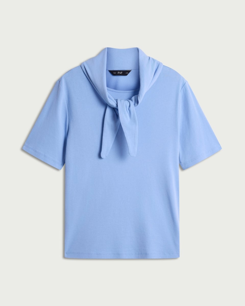 image 1 of F&F Pure Cotton Scarf Neck Short Sleeved Top in Blue