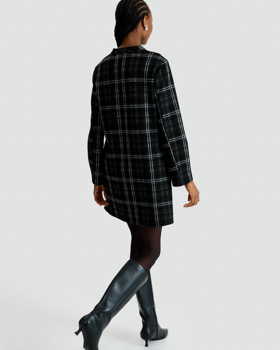 image 1 of F&F Check Print Long Sleeved Shift Dress in Multi Black White