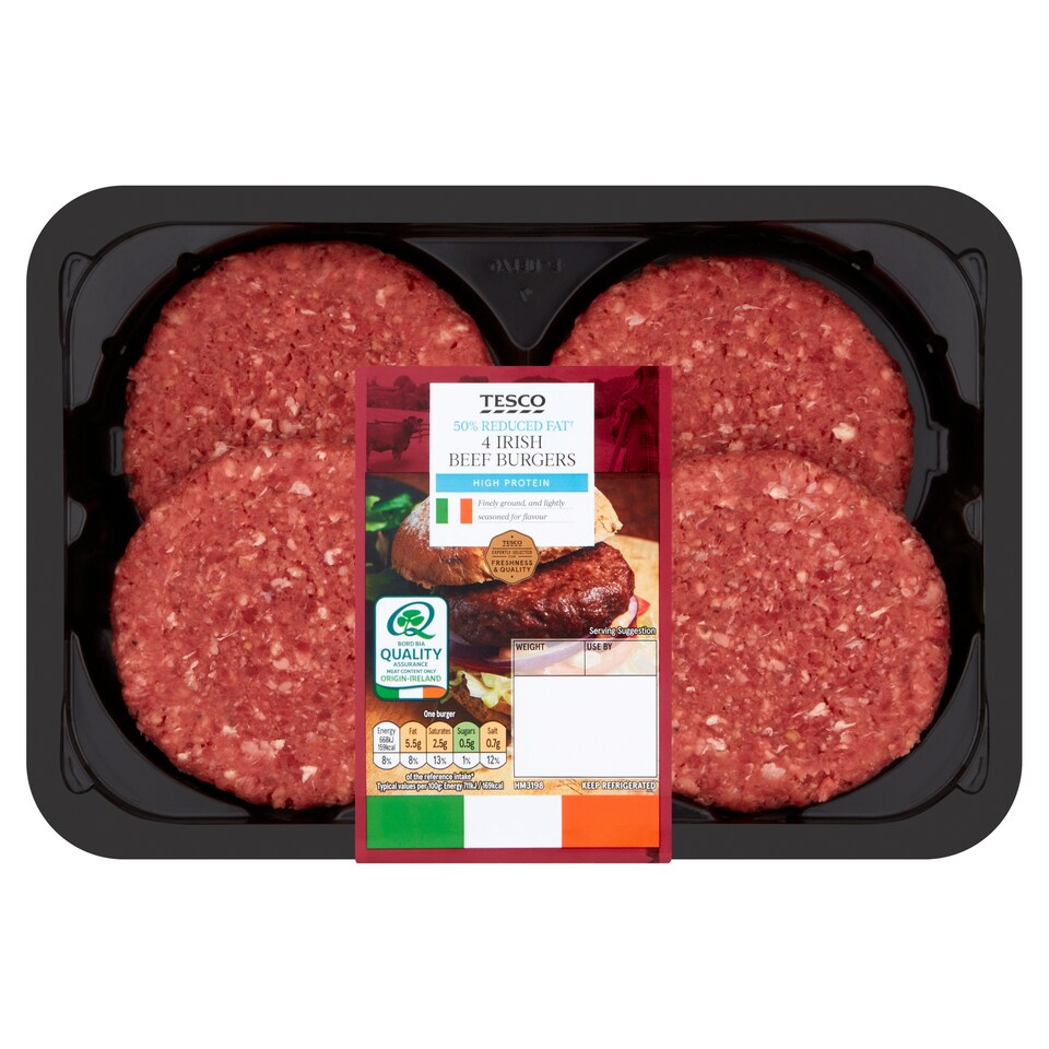 Tesco Irish 50% Reduced Fat Beef Burgers 454G