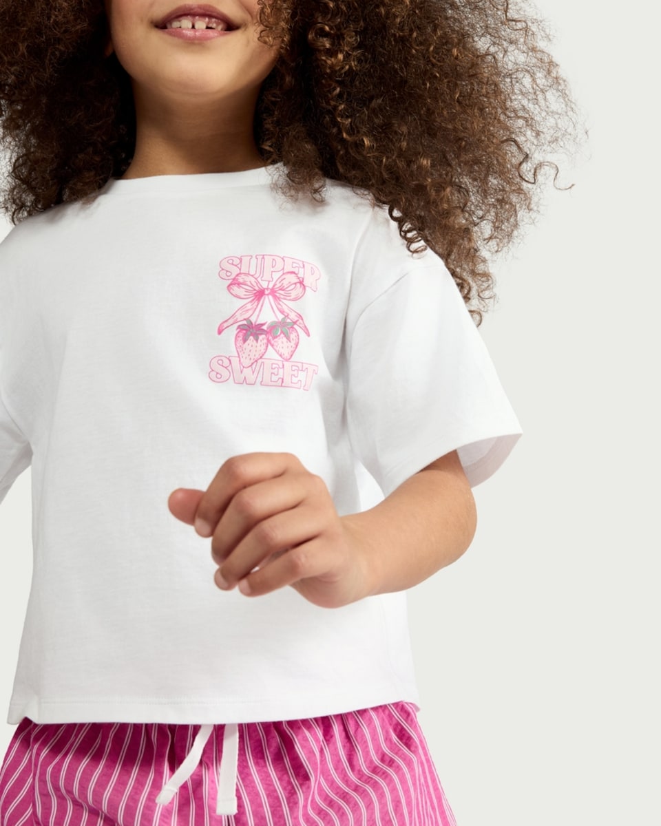 image 1 of F&F Girls 2-Piece Strawberry Print T-Shirt and Striped Shorts Set in Multi Pink