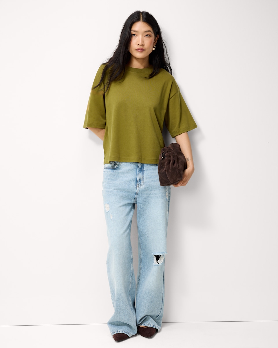 image 1 of F&F Cotton Rich Cropped T-Shirt in Olive