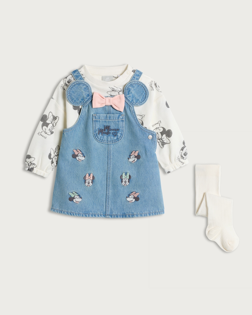 image 1 of Disney Minnie Mouse 3-Piece Cotton Rich Denim Pinafore, Sweatshirt and Tights in Blue
