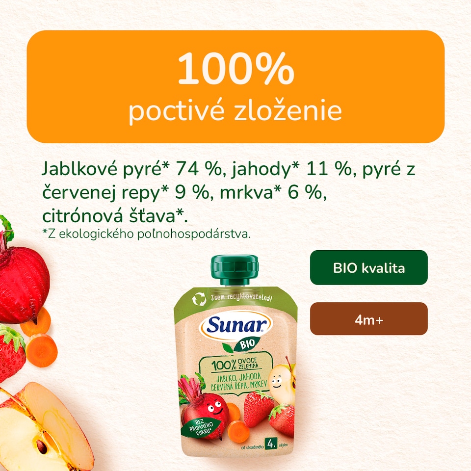 obrázok 1 z Sunar BIO ovocno-zeleninová kapsička Jablko, jahoda, červená repa, mrkva 4m+, 100 g