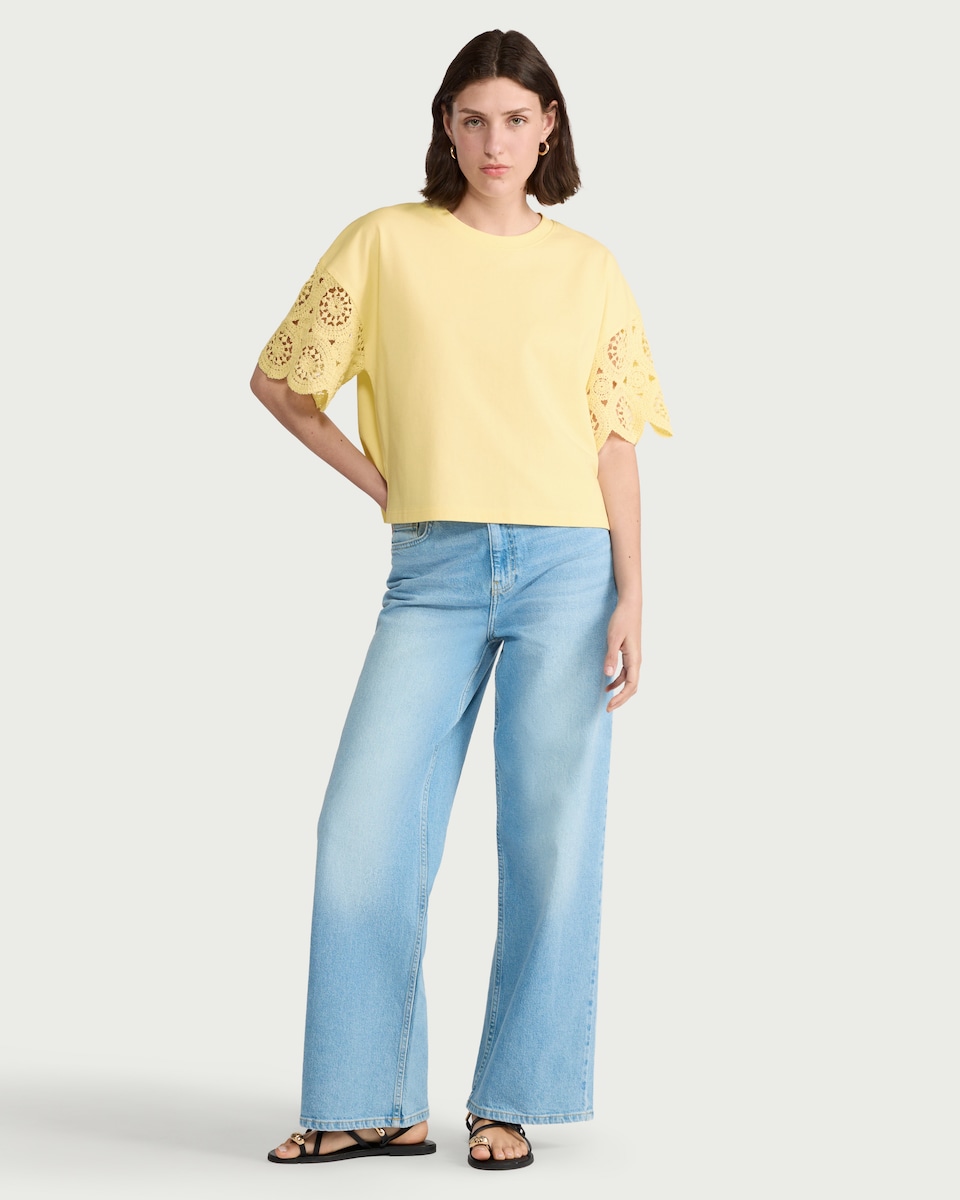 image 1 of F&F Pure Cotton Broderie Top in Yellow