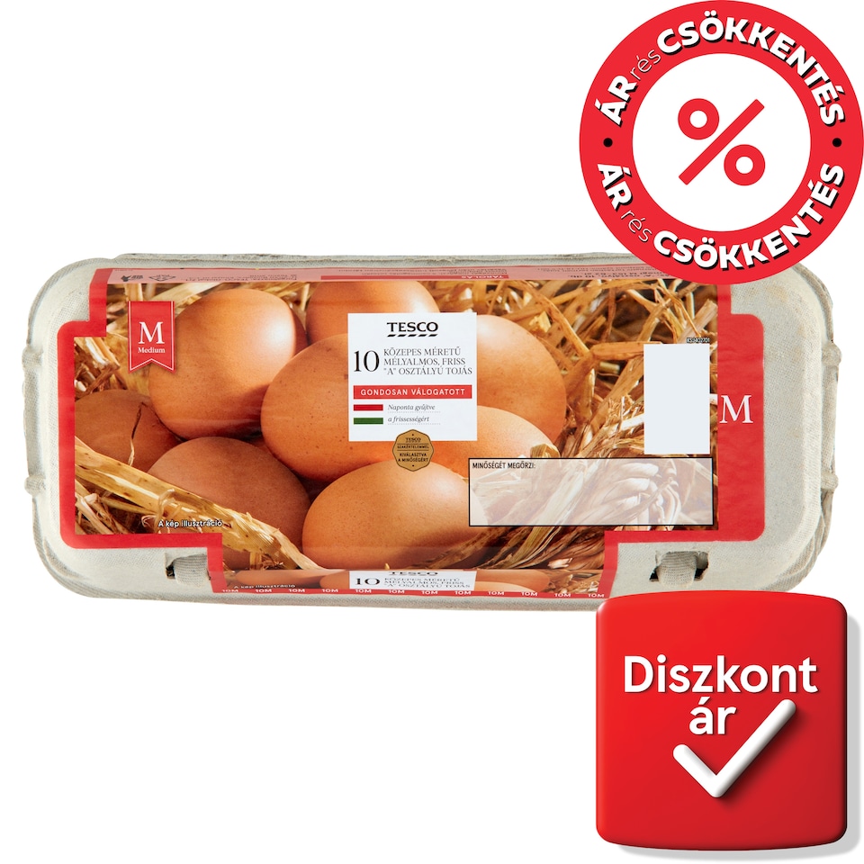 Tesco "A" osztályú közepes méretű mélyalmos, friss tojás M 10 db