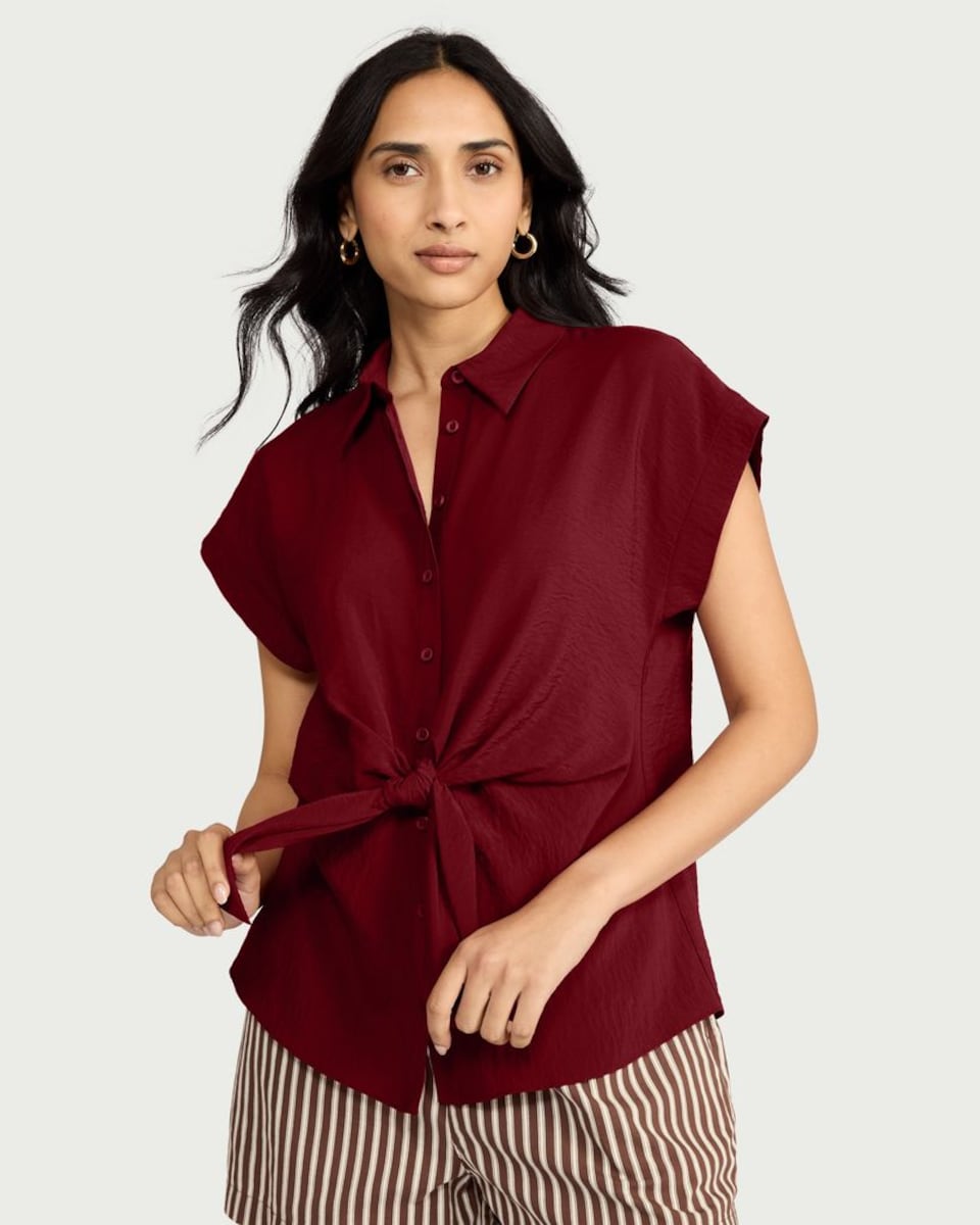 image 1 of F&F Tie Front Short Sleeved Shirt in Red