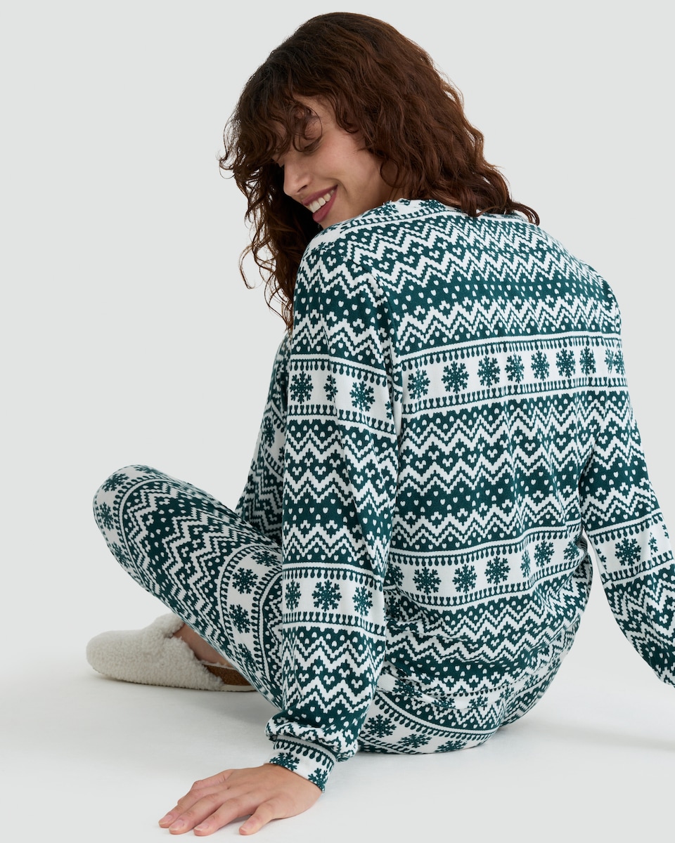 image 1 of F&F Fair Isle Print Top and Bottoms Pyjamas in Multi Green