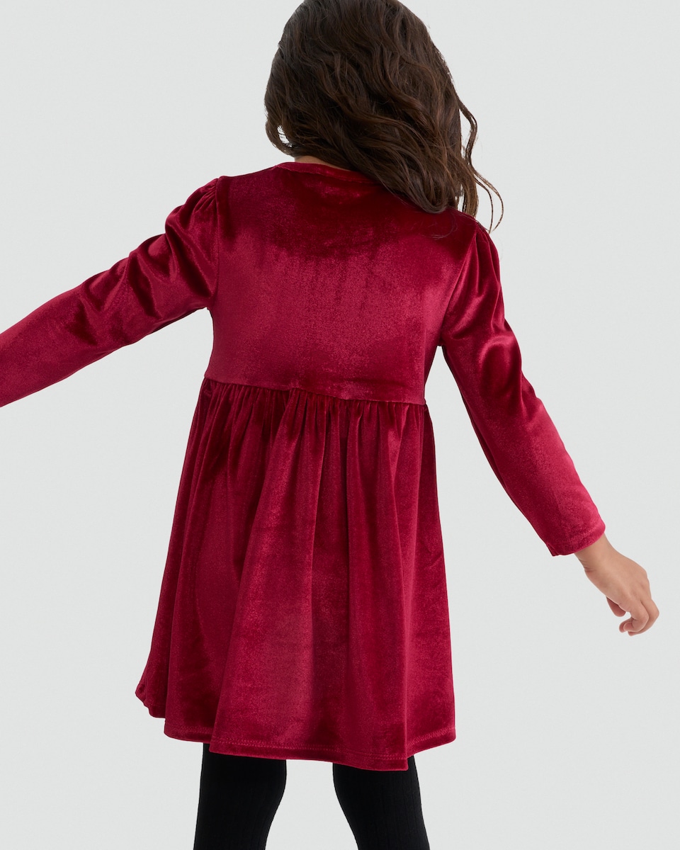 image 1 of F&F Girls Velour Long Sleeved Bow Dress in Red