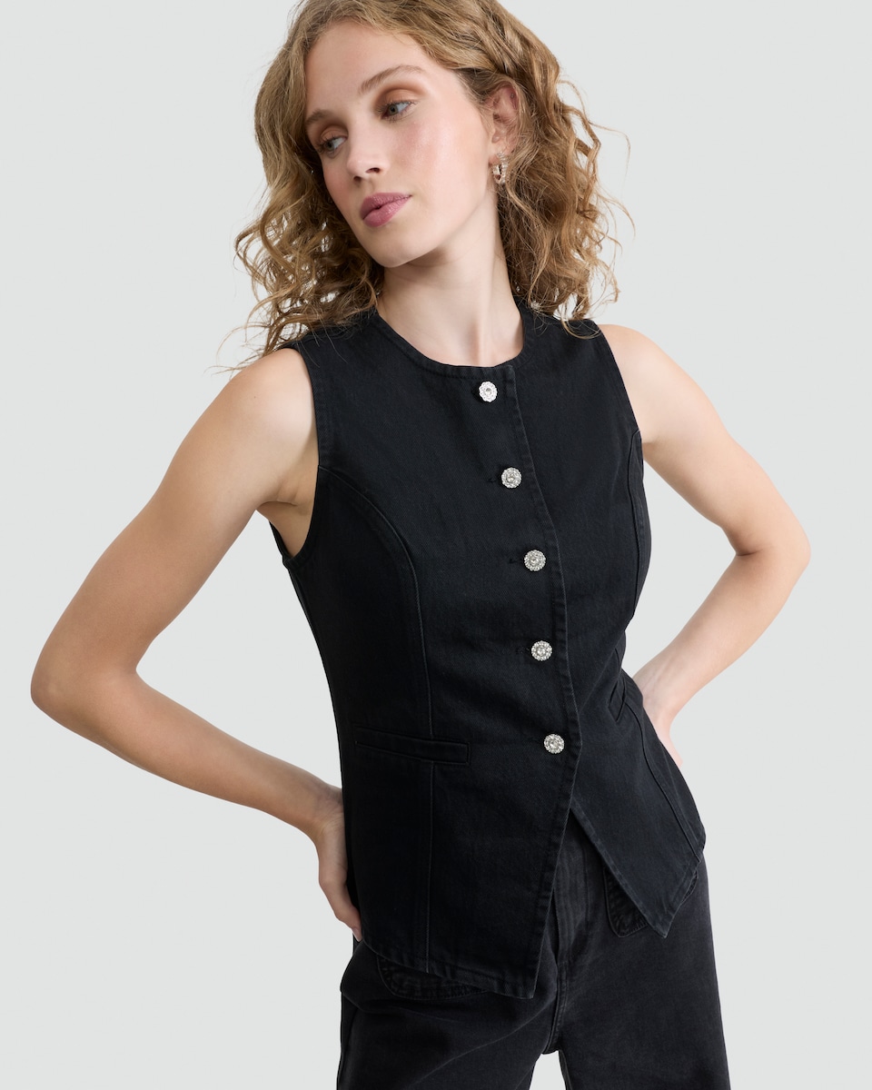 image 1 of F&F Denim Buttoned Waistcoat in Black