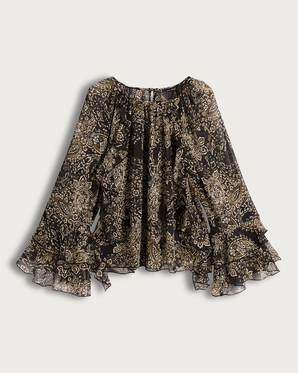 image 1 of F&F Paisley Print Ruffle Blouse in Multi Black White
