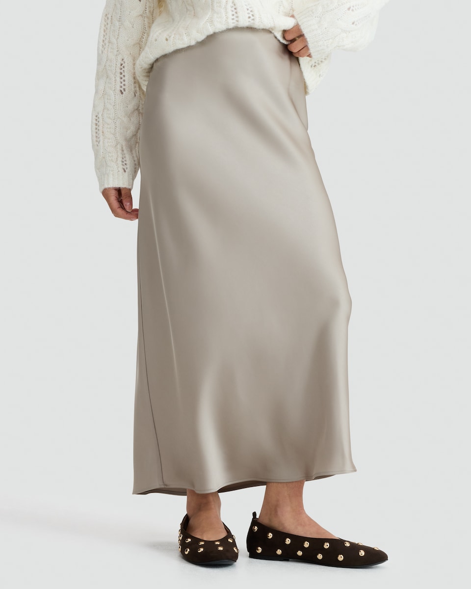 image 1 of F&F Satin Slip Midi Skirt in Stone